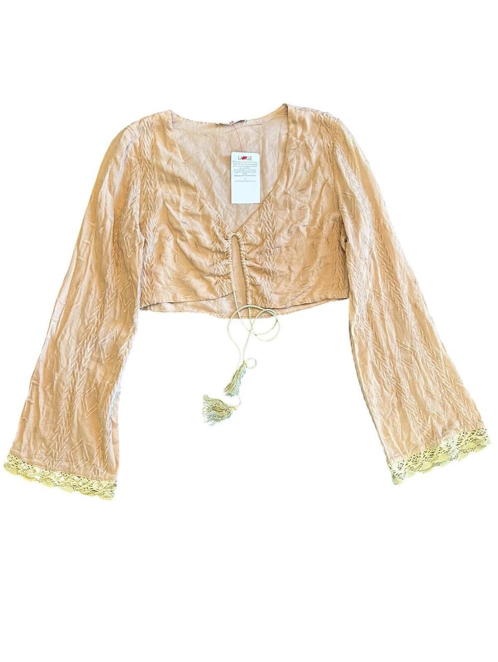 Illa Illa Beige Embroidered Tie-Front Crop Top | L | NWT